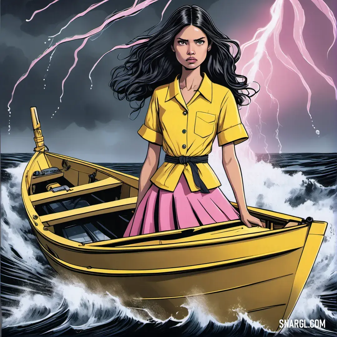 Woman in a boat with a lightning behind her and a pink dress on the front of the boat. Color PANTONE 7404.