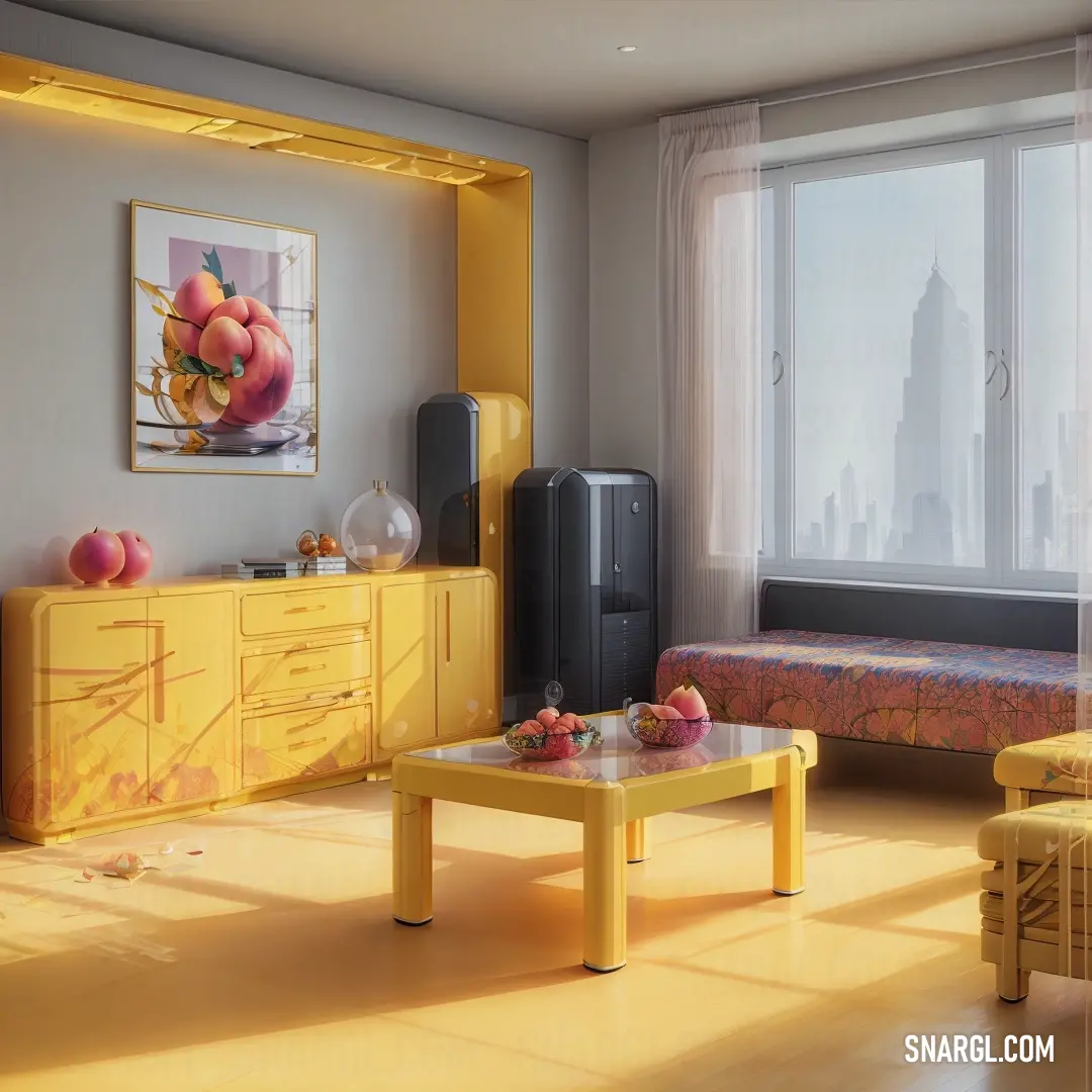 PANTONE 7405 color example: Living room with a yellow table and a yellow couch and a painting on the wall and a window