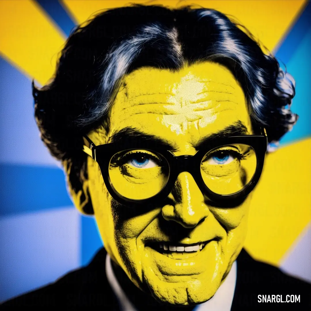 Man with glasses and a suit and tie on and a yellow background. Color PANTONE 7405.