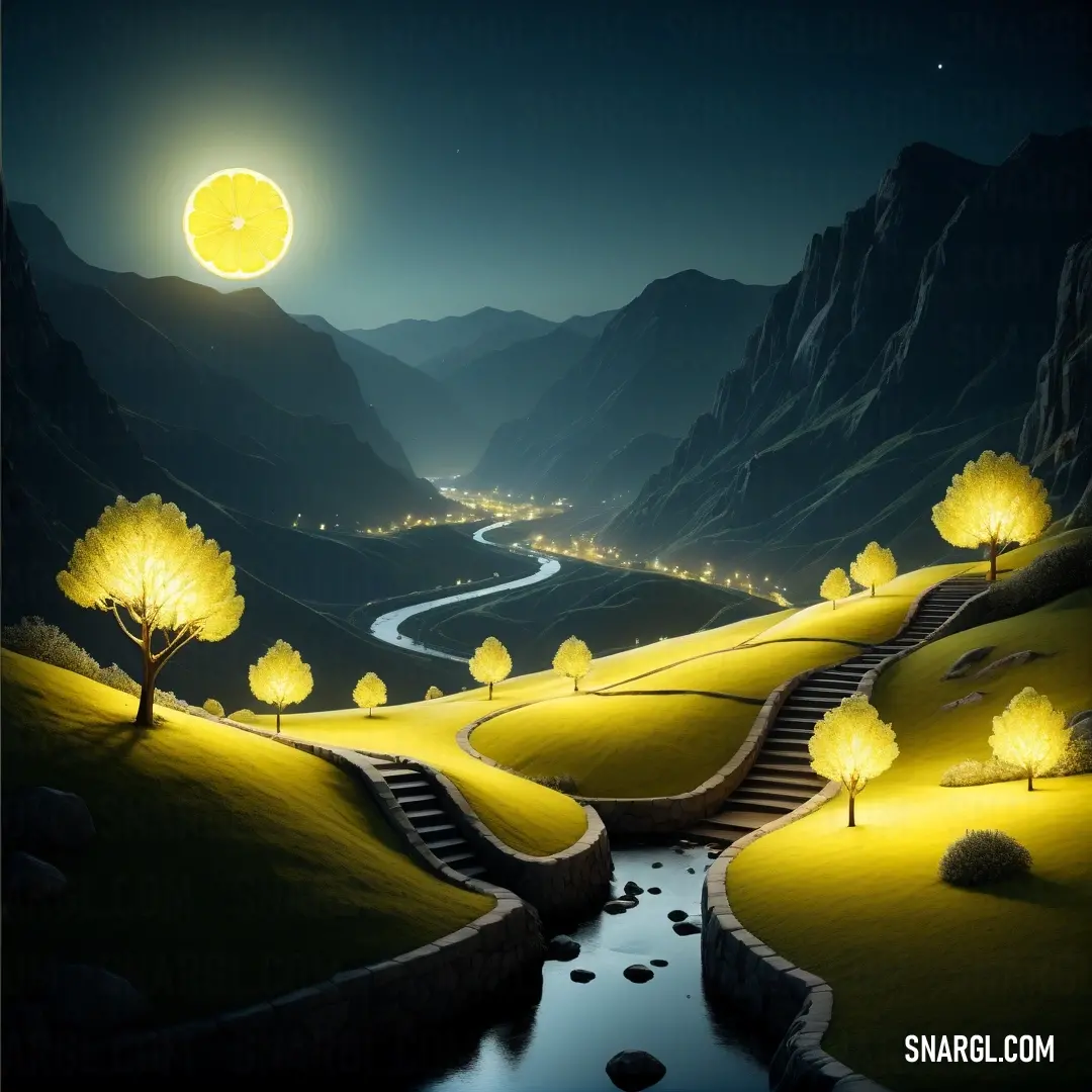 Painting of a river running through a valley at night with a full moon in the sky above it. Example of #F3D01C color.