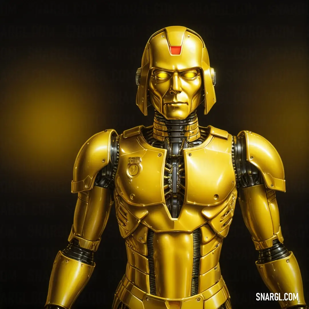 Robot with a helmet and a light on it's face and chest, standing in a dark room. Example of #F3D01C color.