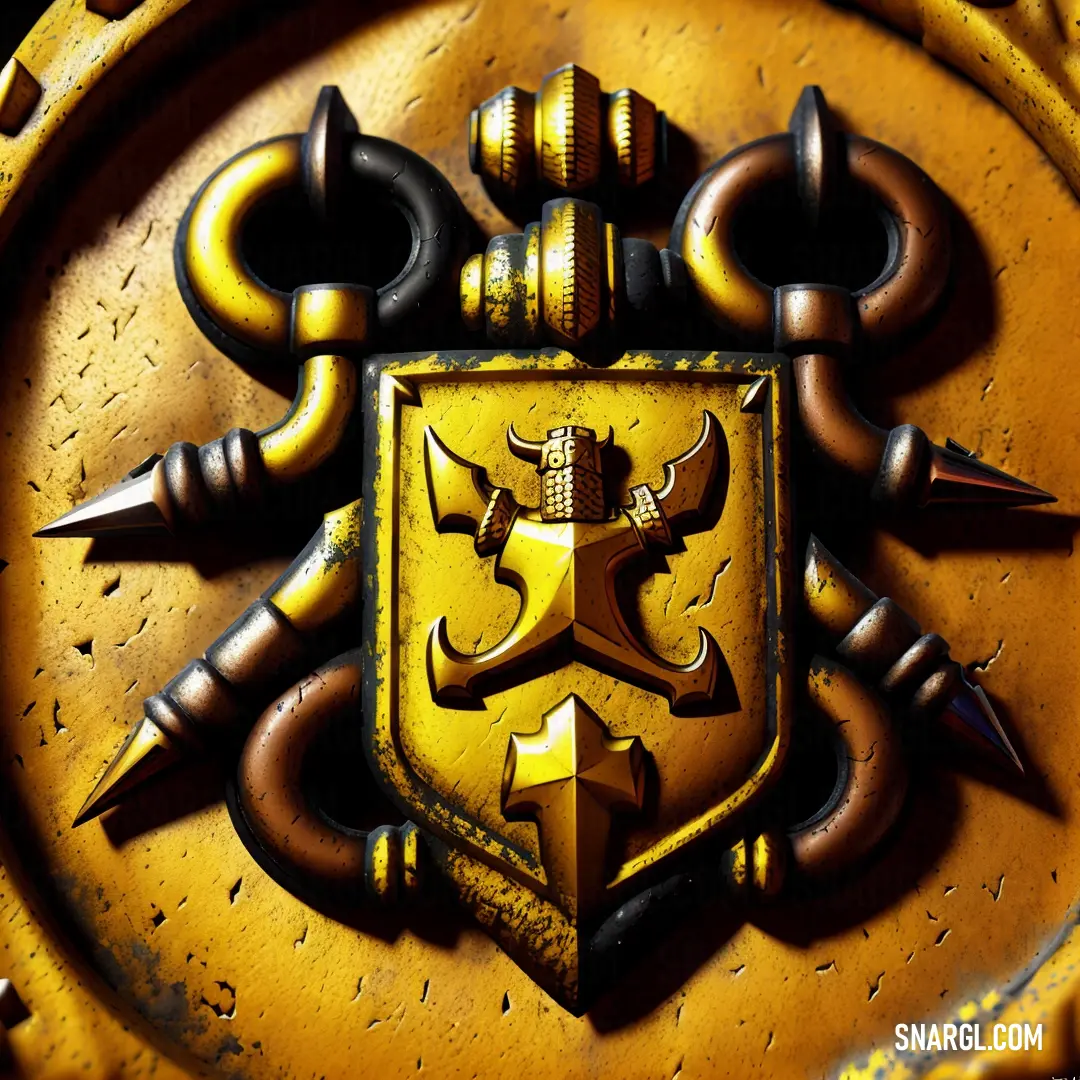 Yellow and black shield with a hammer and two horns on it and a hammer and two horns on it. Example of CMYK 0,11,97,2 color.