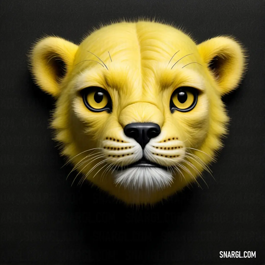 PANTONE 7405 color example: Yellow lion mask with big eyes and a black background