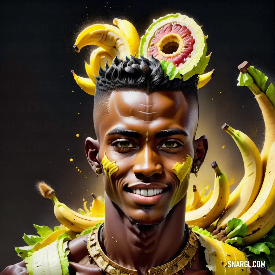 Man with bananas on his head and a bunch of bananas on his head and a banana on his head. Example of #EFC111 color.