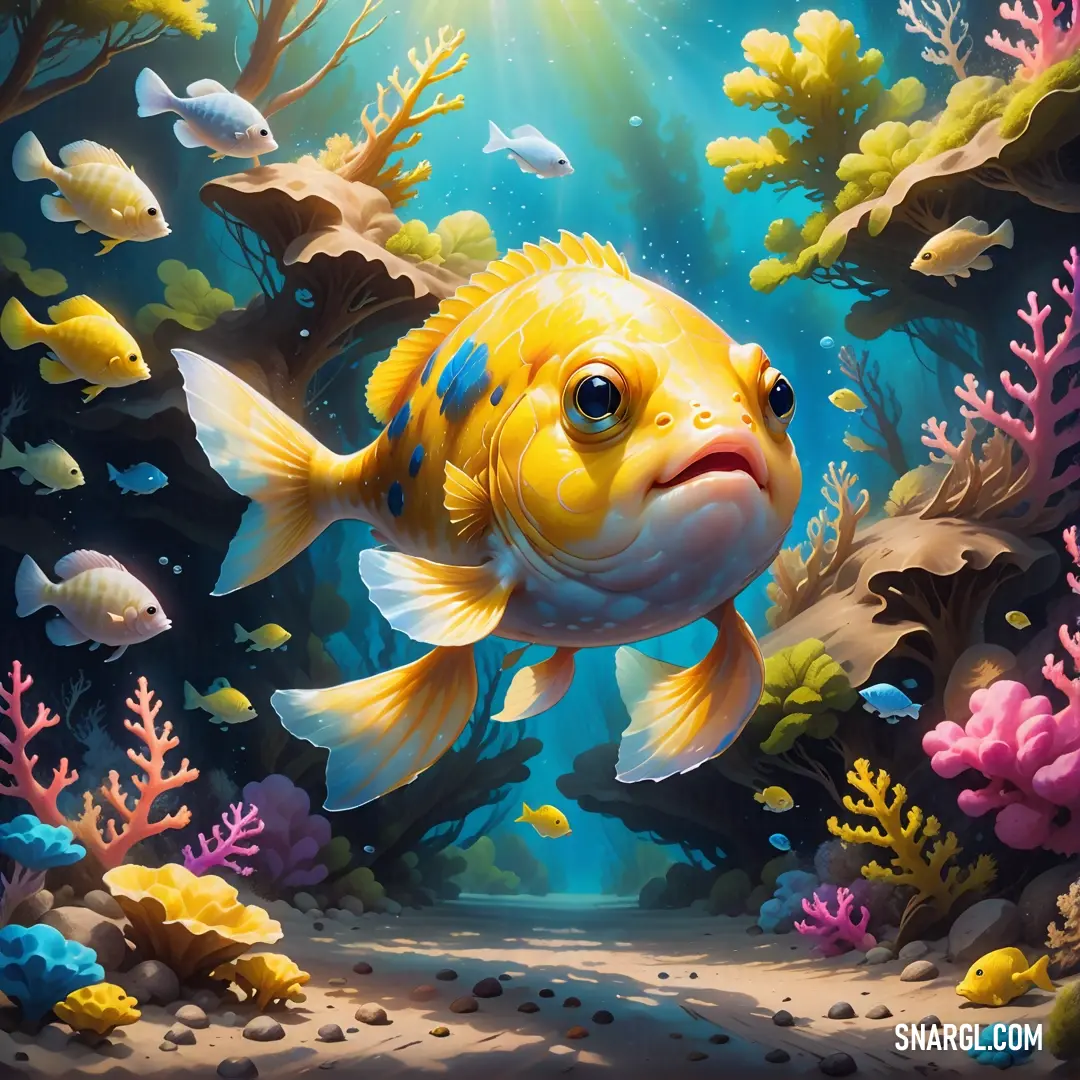 Painting of a fish in a coral reef with a sunbeam in the background. Color #EFC111.