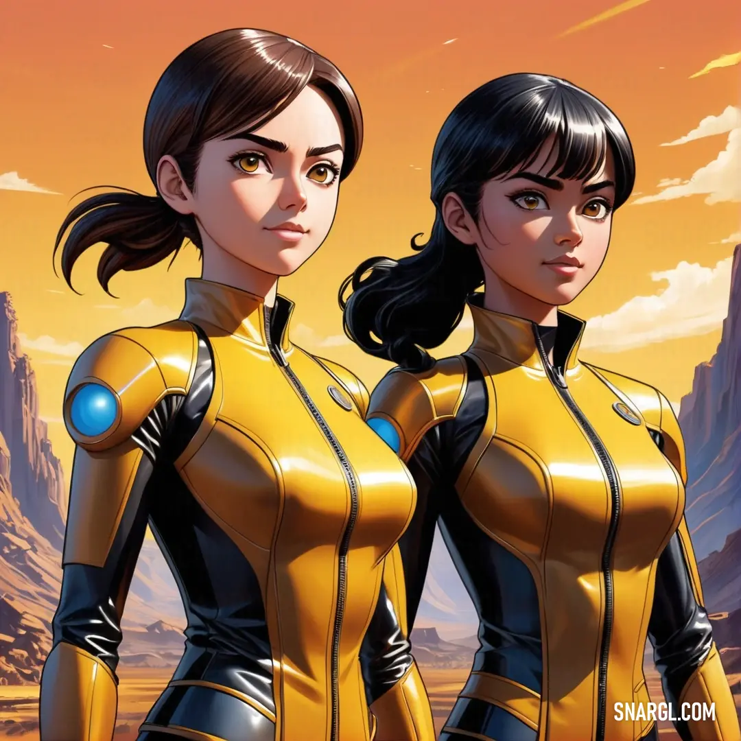 Two women in yellow and black outfits standing next to each other in a desert area with mountains in the background