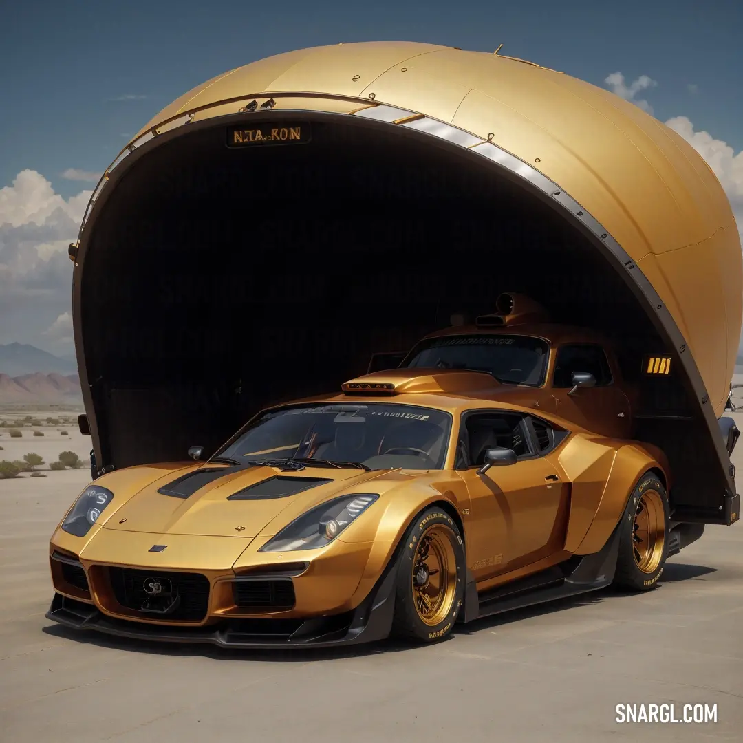 Gold sports car is parked in a tunnel with a sky background. Example of #CD9E4A color.