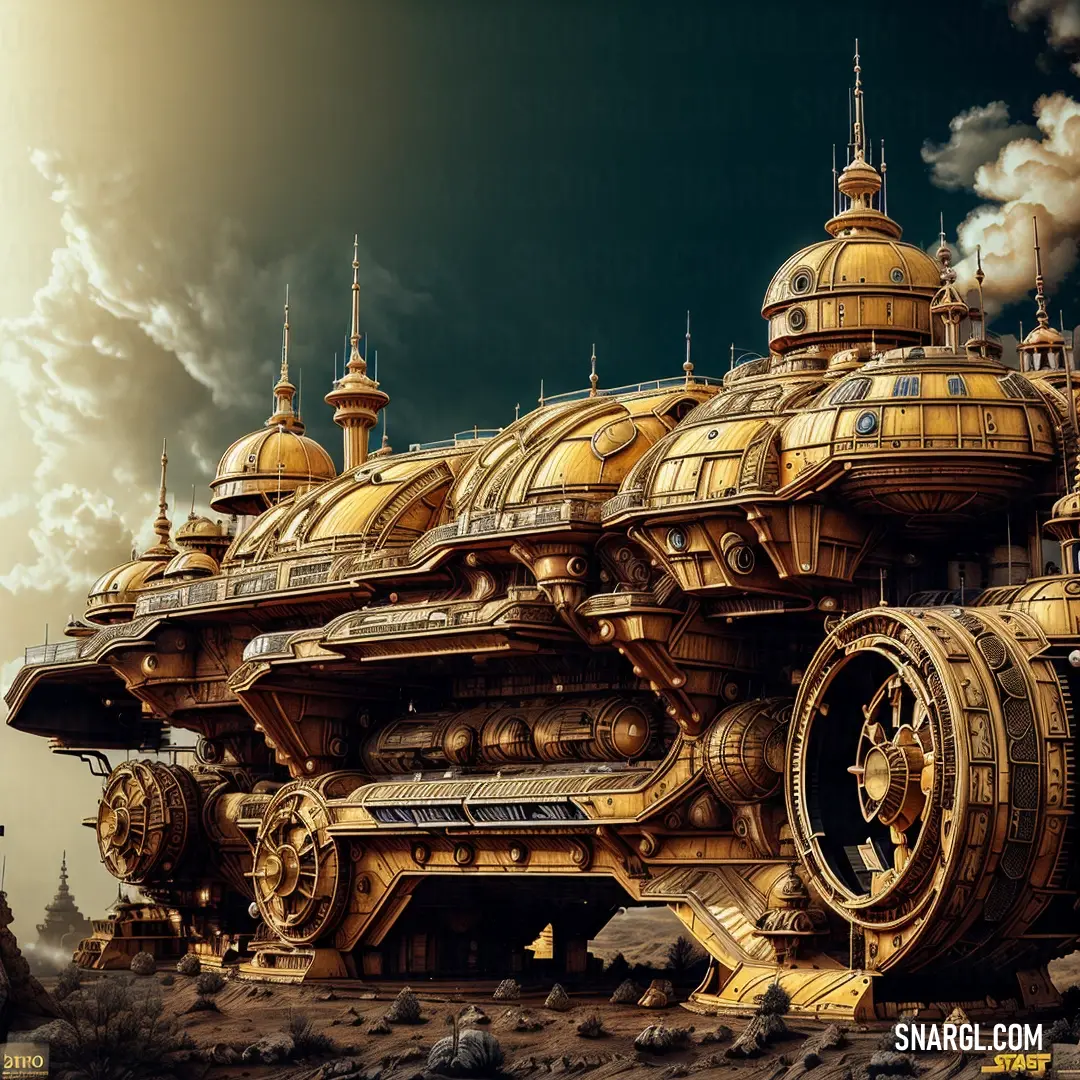Large yellow building with a lot of wheels on it's sides and a sky background. Color RGB 205,158,74.