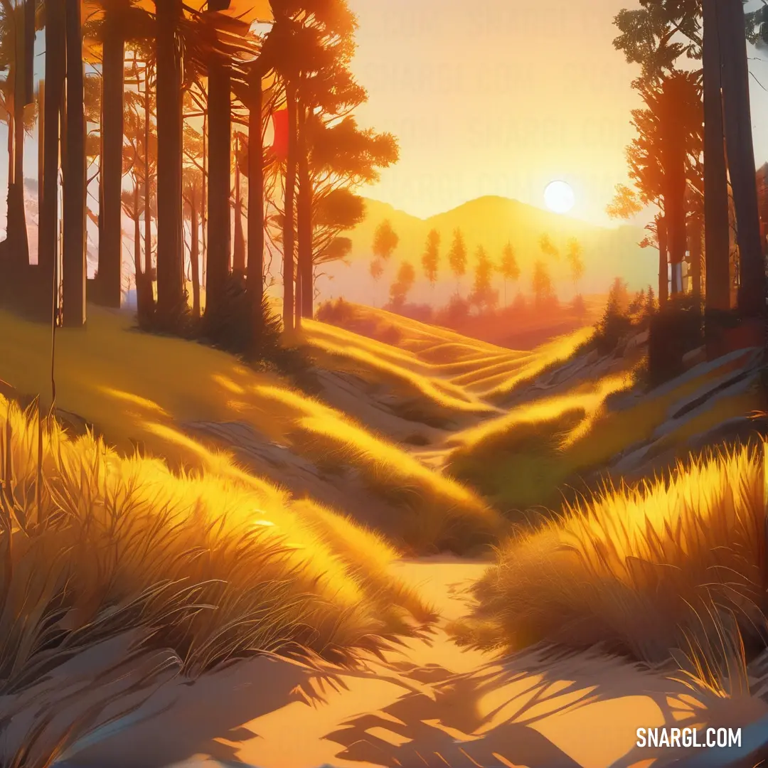 Painting of a path through a forest at sunset or sunrise or sunset in the distance. Example of #F3BA16 color.