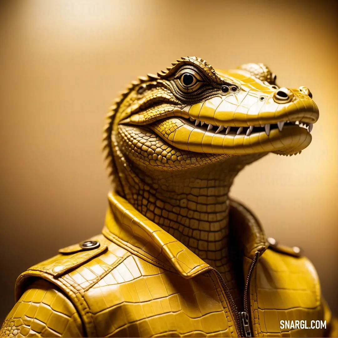 Toy alligator wearing a yellow leather jacket and a hat with a gold background. Example of PANTONE 7408 color.