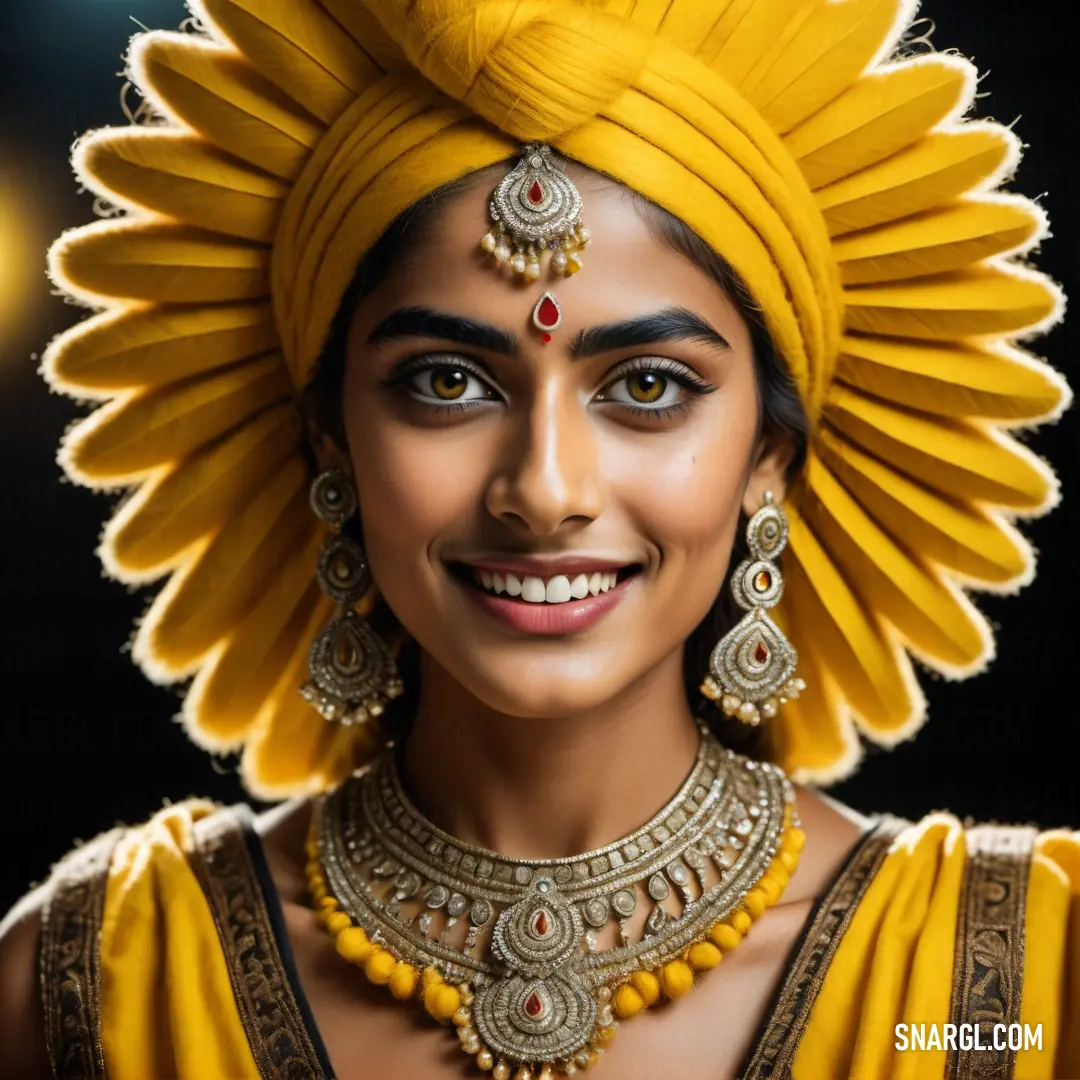 Woman wearing a yellow turban and a gold necklace and earrings with a smile on her face. Example of #F3BA16 color.