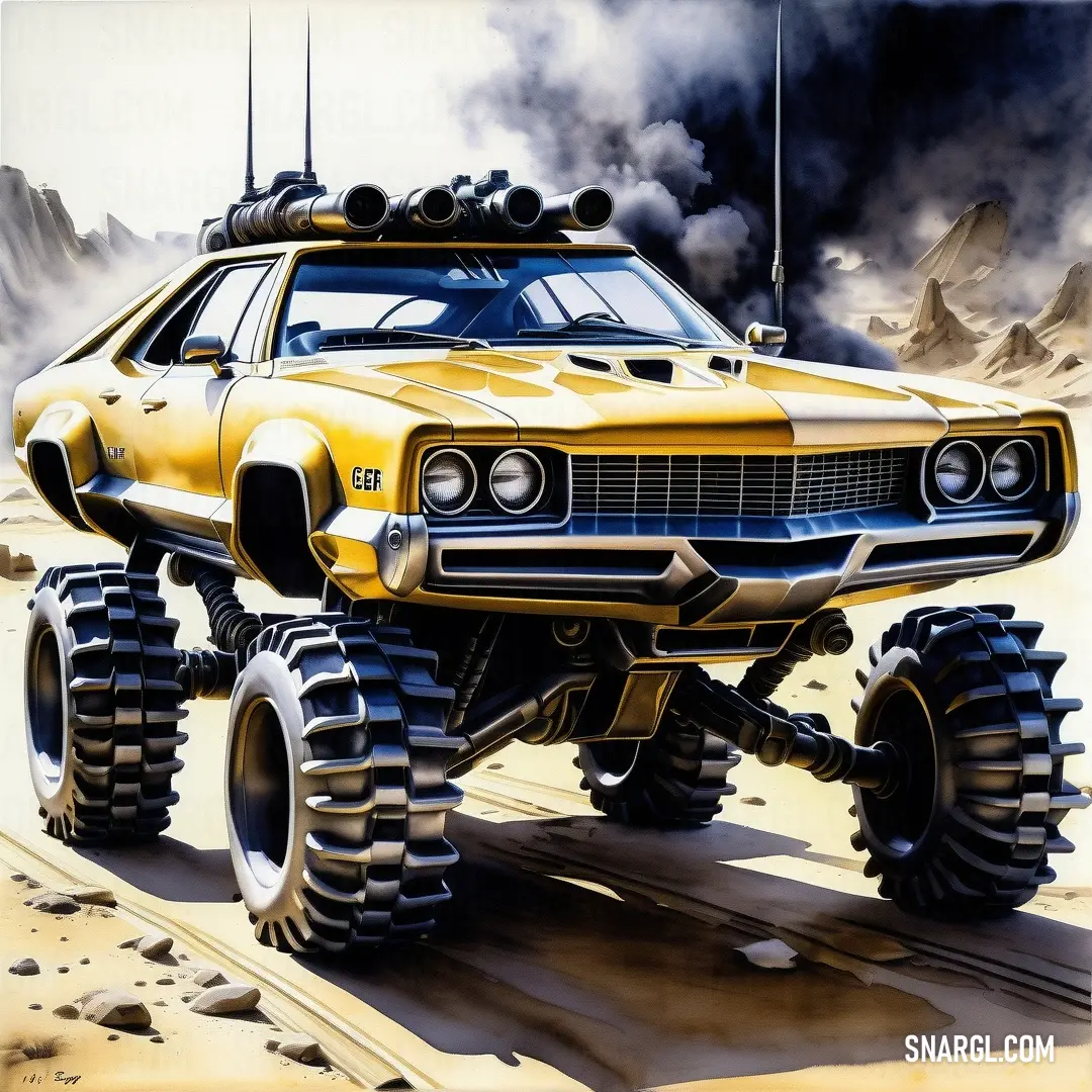 Yellow car with big wheels driving on a desert road with smoke and rocks behind it and a black smoke cloud behind it