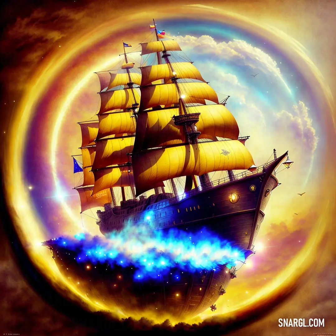 Painting of a ship in a ring of fire and smoke with a sky background