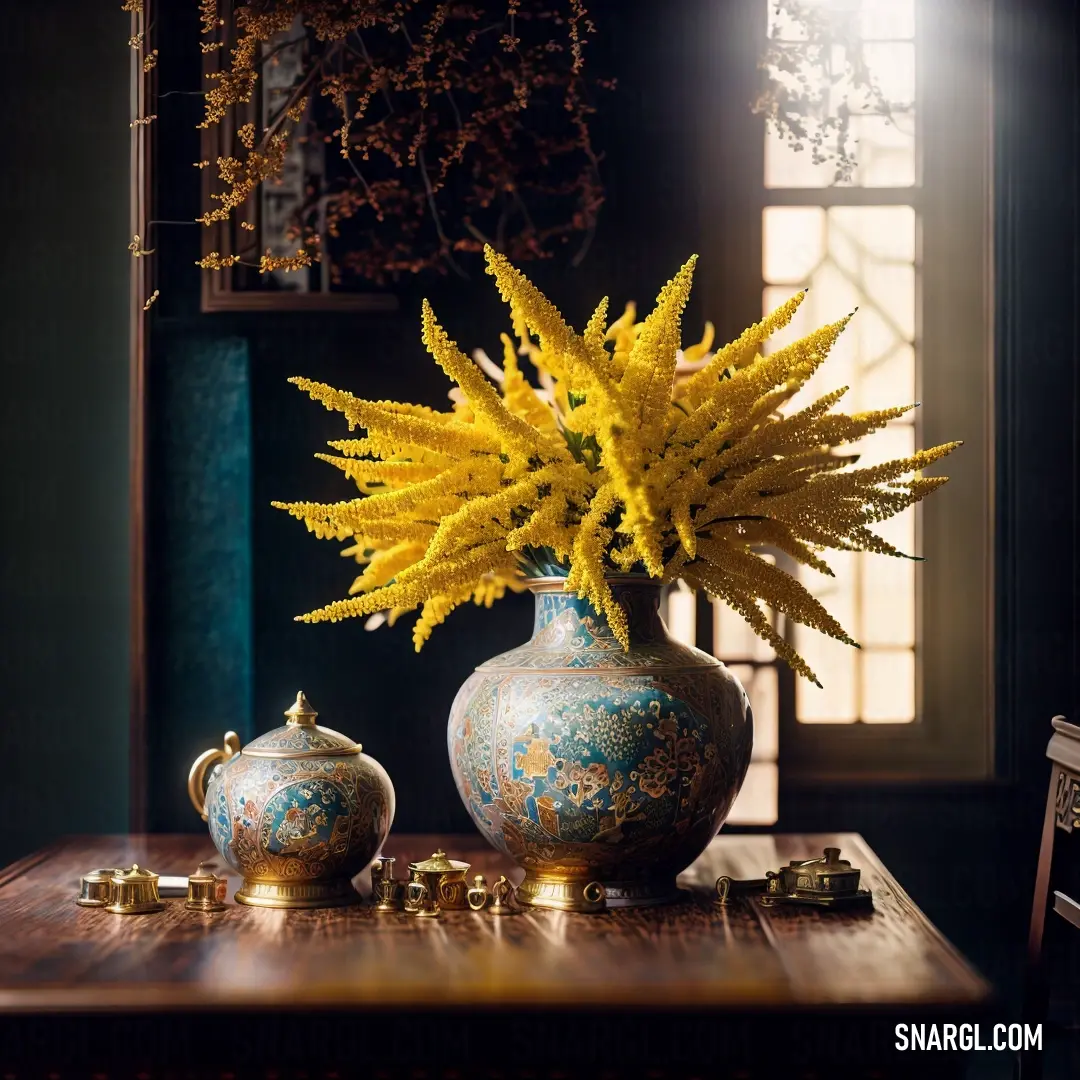 Vase with yellow flowers on a table in a room with a window and a chair in the background. Color #F2B715.