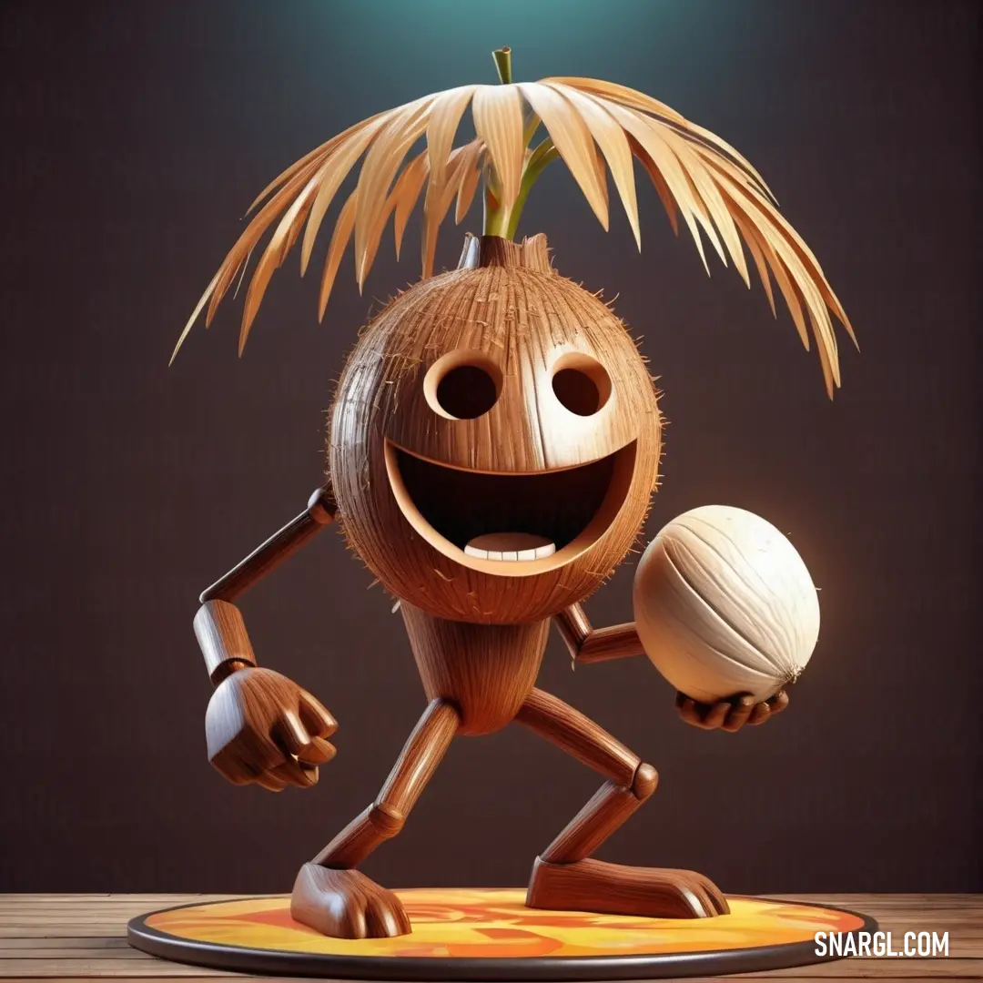 Cartoon character holding a ball and a palm tree branch on a table top with a dark background. Example of #EDAC71 color.