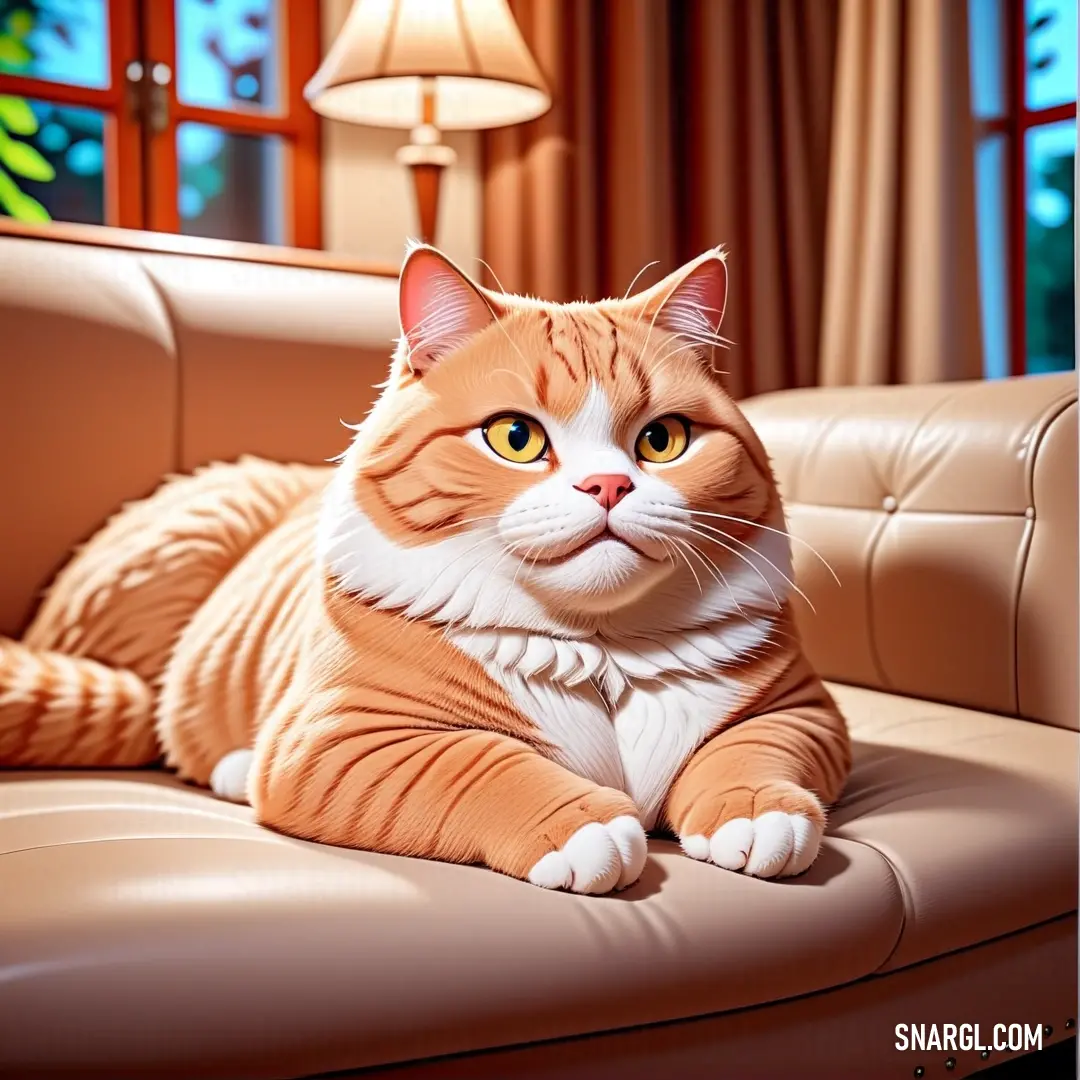 Cat on a couch in a living room with a lamp on the side of the couch and a window behind it. Example of #EDAC71 color.