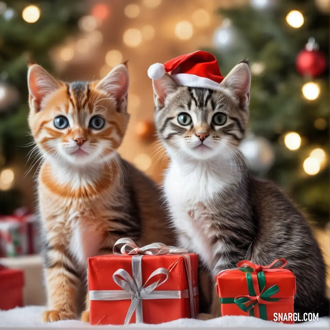 Two kittens next to each other with presents in front of a christmas tree and a christmas tree. Example of PANTONE 7411 color.