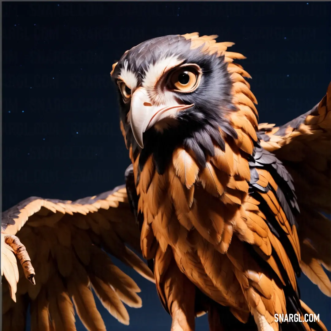 Statue of a bird with wings spread out and a star in the background with a sky full of stars. Example of PANTONE 7413 color.