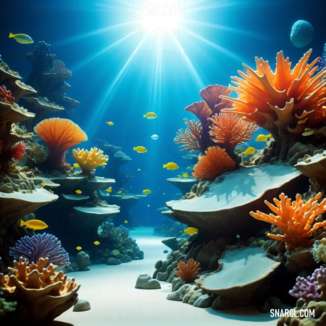 Very colorful and colorful underwater scene with corals and fish in the water and sun shining through the water