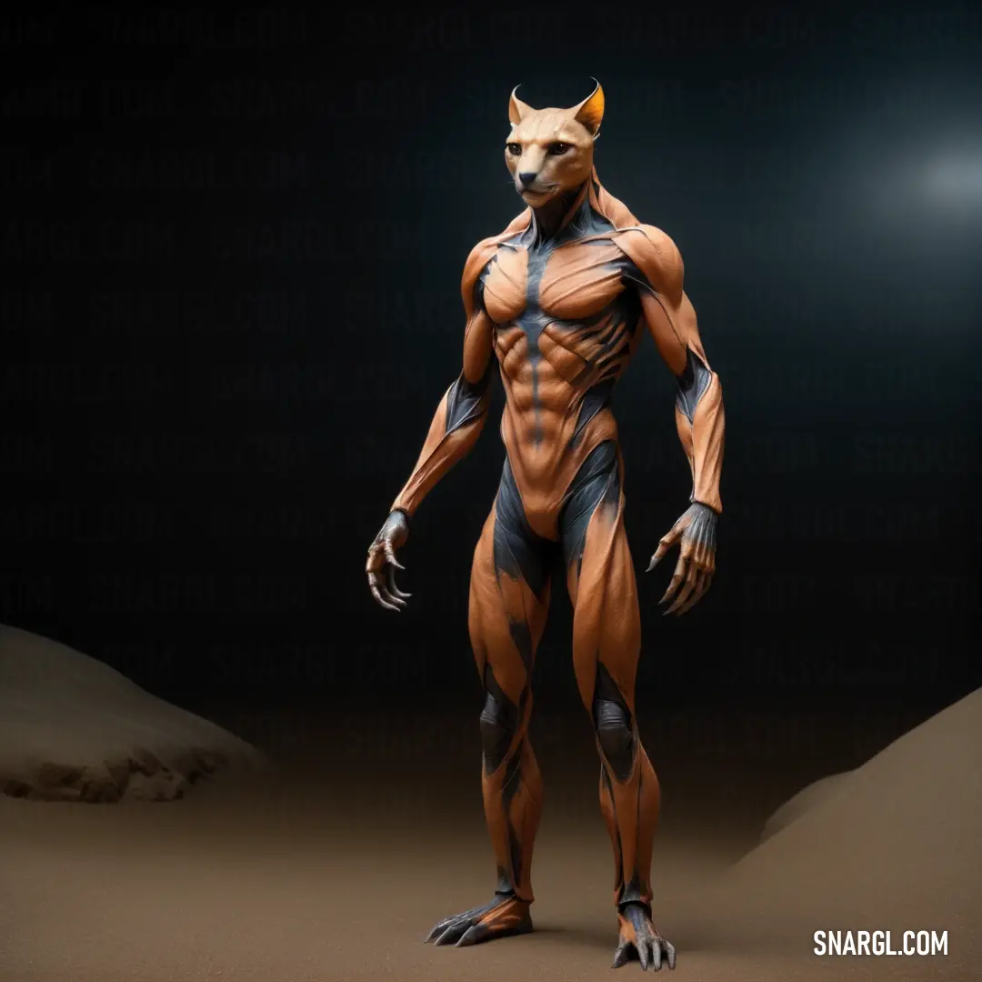 3d rendering of a man with a wolf like body and muscles in a desert area with a light shining on him. Example of PANTONE 7414 color.