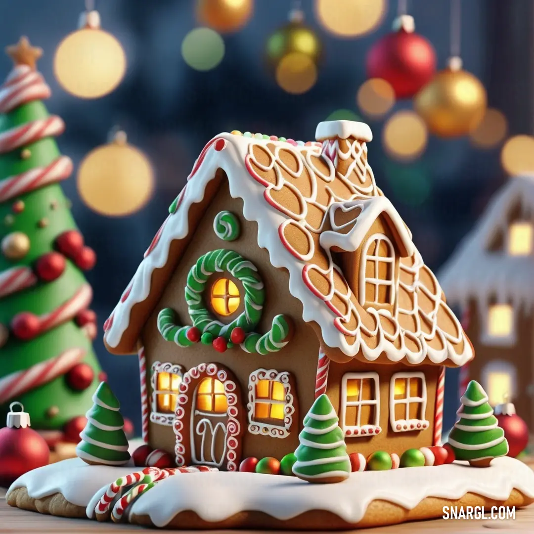 PANTONE 7414 color example: Gingerbread house with a christmas tree and lights in the background