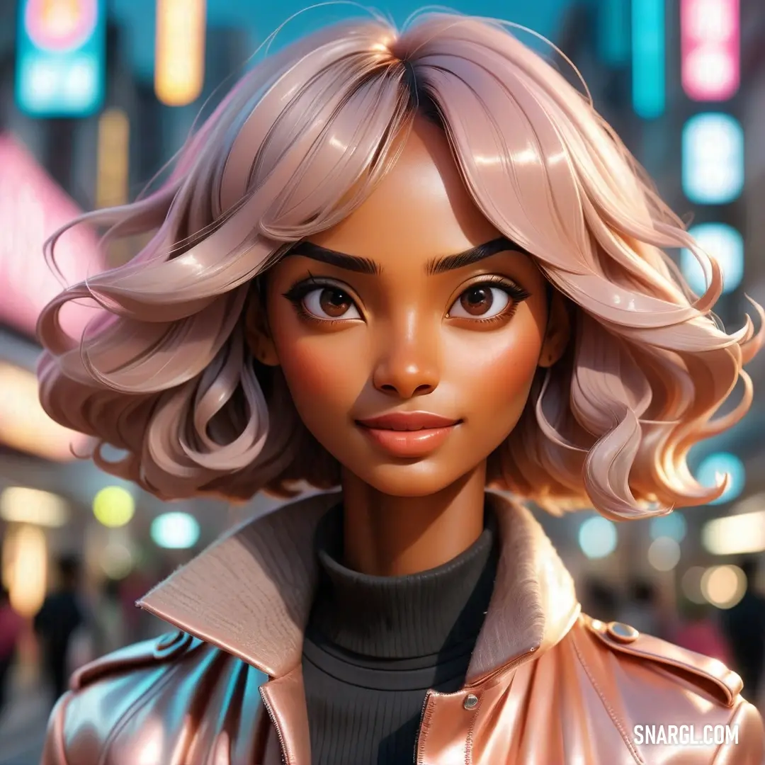 Digital painting of a woman with blonde hair and a leather jacket on a city street at night time. Color RGB 236,193,173.