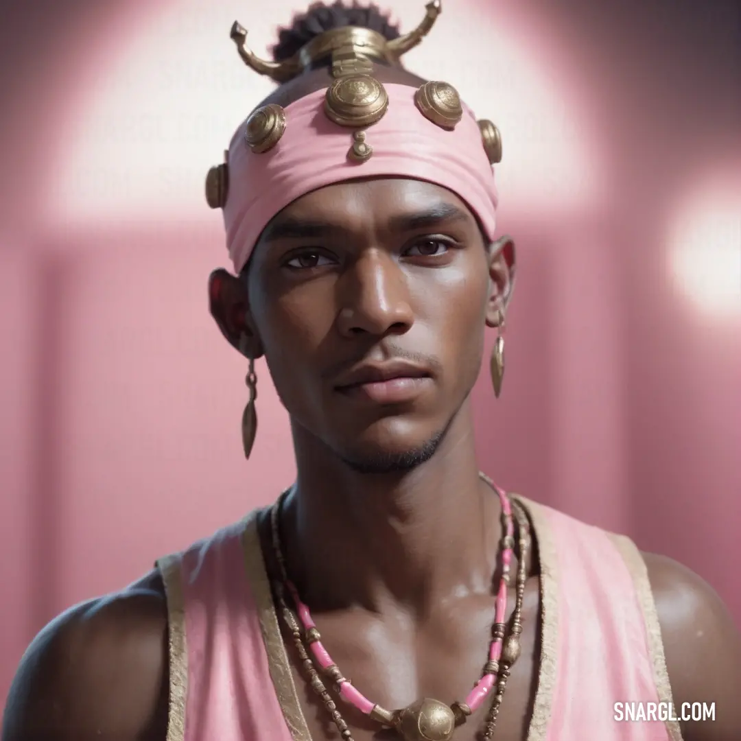 Man with a pink shirt and a pink headband and necklaces on his head and a pink background. Color #ECC1AD.