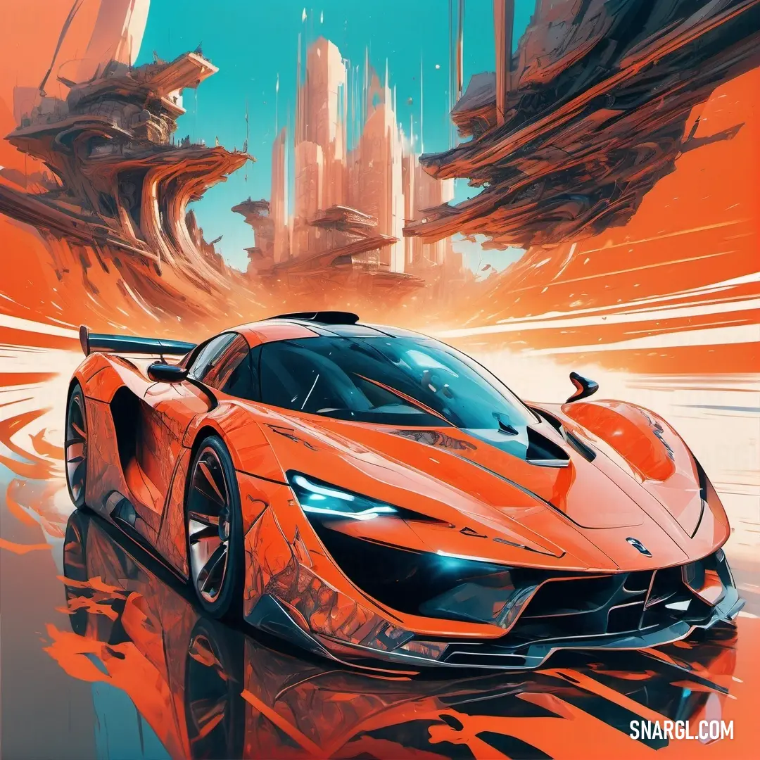 Car is shown in a futuristic setting with a city in the background. Color RGB 225,113,82.
