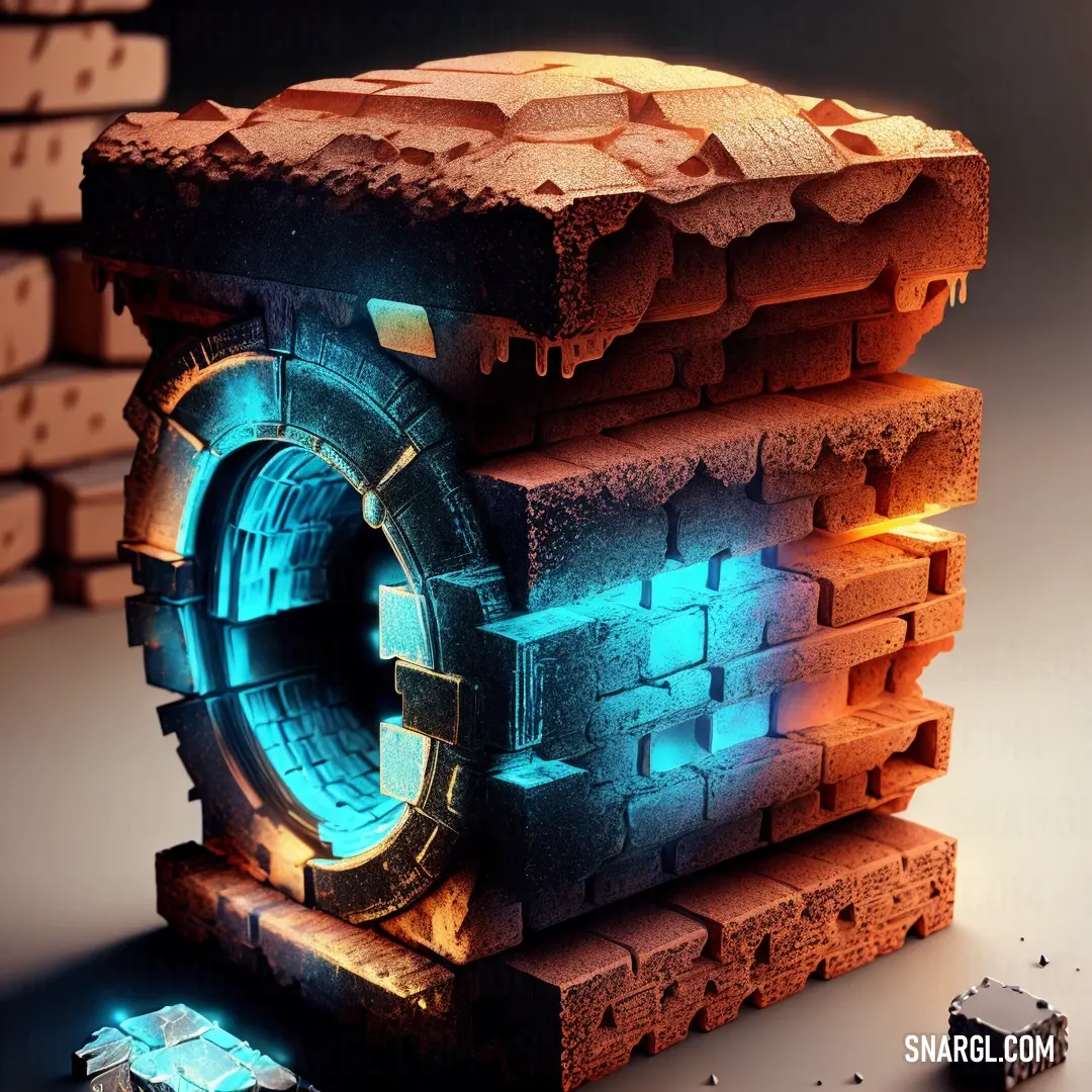 Very strange looking object made of bricks and brickstones with a glowing light coming from it's center. Example of RGB 225,113,82 color.