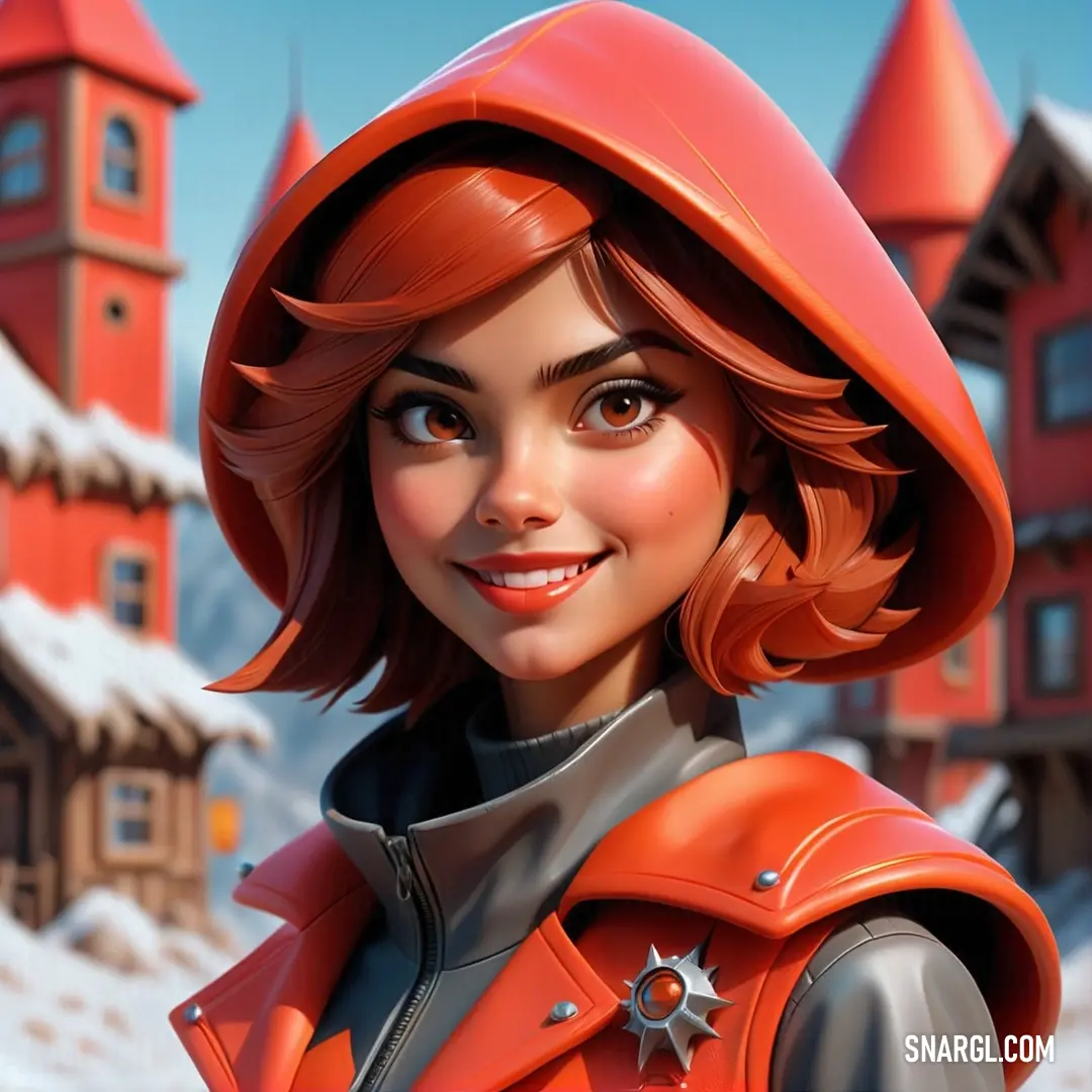 Cartoon character with a red hat and a red coat on in front of a snowy landscape with a red building. Color RGB 218,87,60.