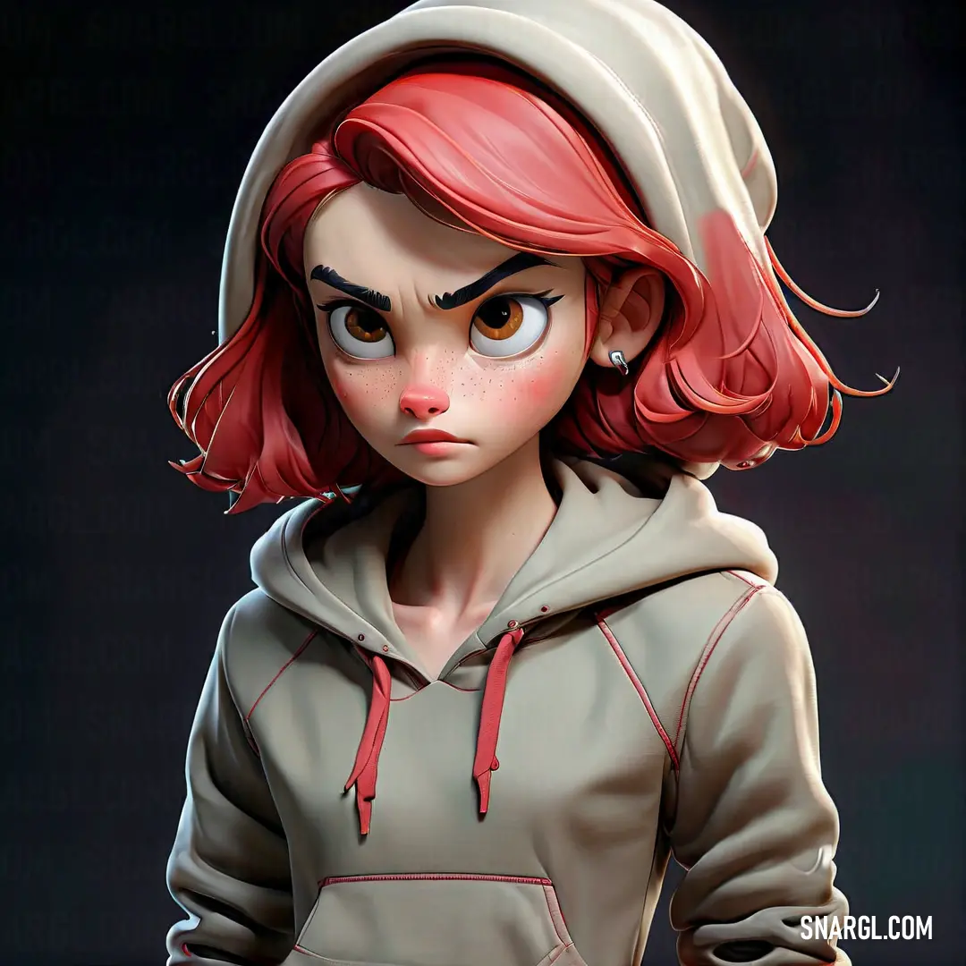 Cartoon character with red hair and a hoodie on. Example of PANTONE 7418 color.