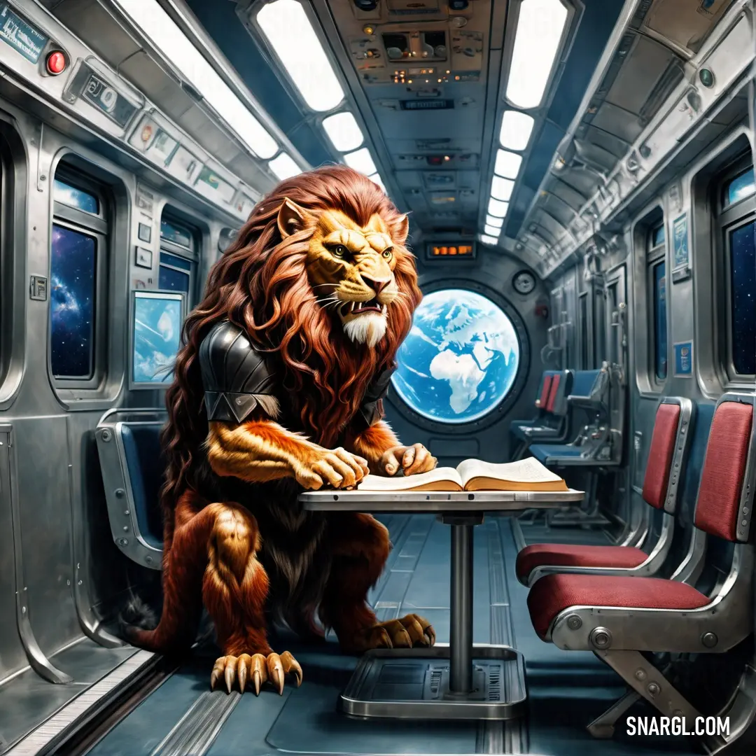Lion at a table in a train car with a book open and a globe in the background. Example of CMYK 8,83,55,5 color.
