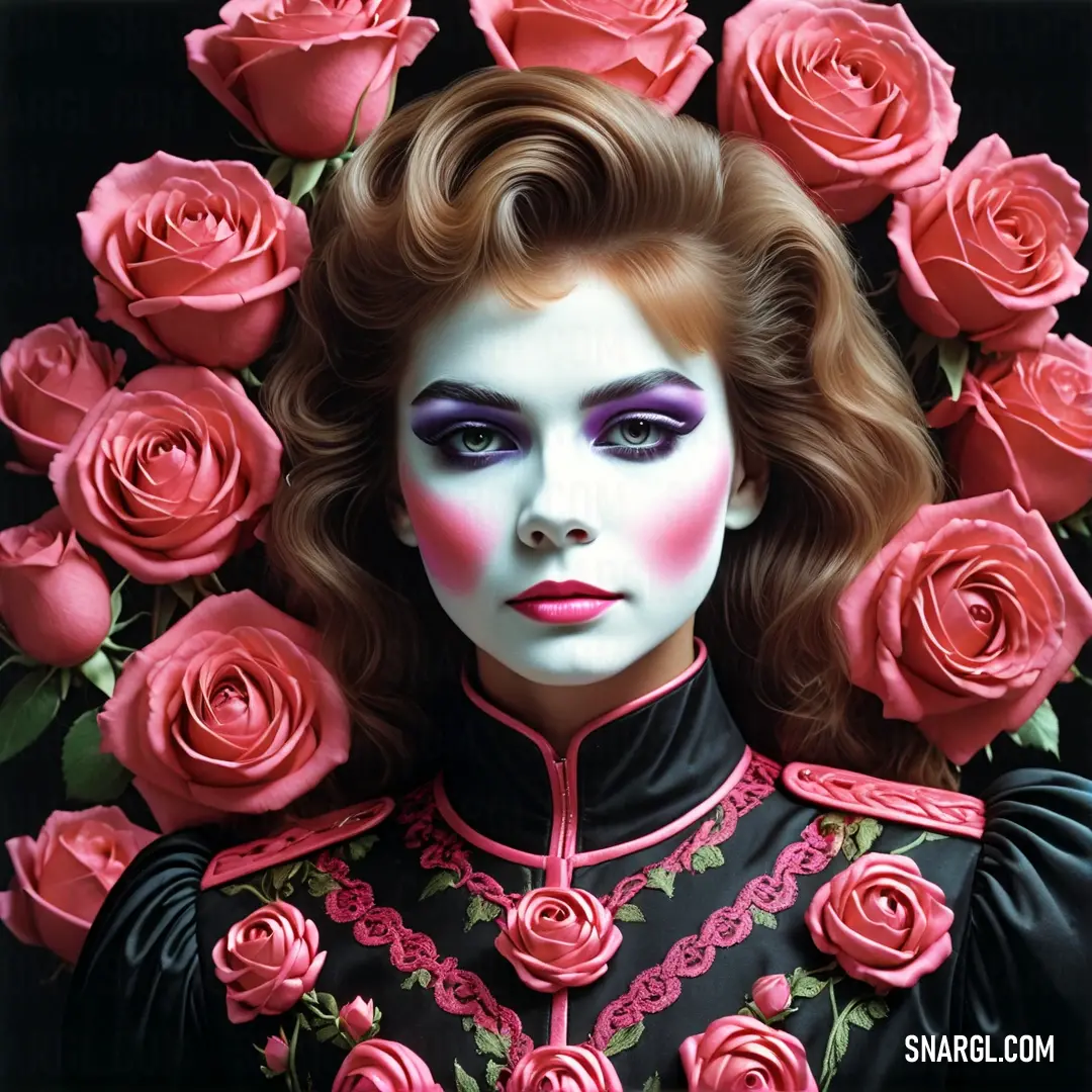 Painting of a woman with a bunch of roses around her head and a black dress with pink roses around her neck. Color RGB 197,80,88.