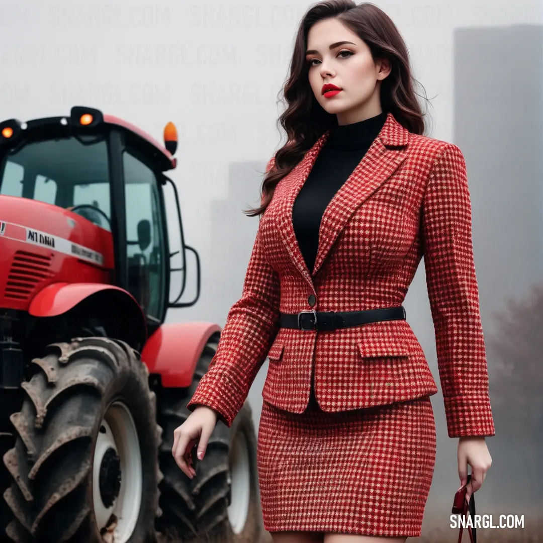 Woman in a red suit and a tractor behind her is holding a red purse and a red purse. Example of RGB 197,80,88 color.
