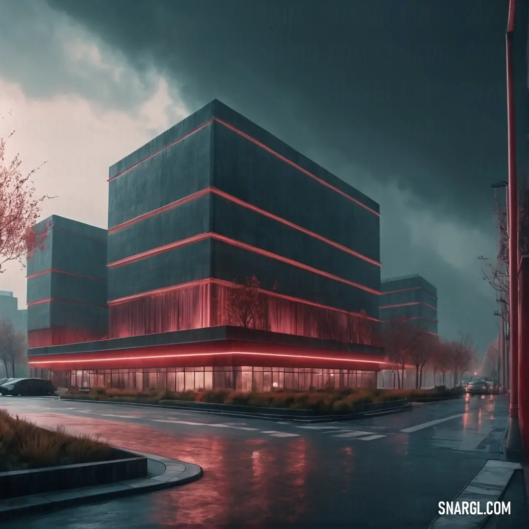 Building with red lights on it in the rain at night time with a dark sky in the background. Color CMYK 9,76,40,26.