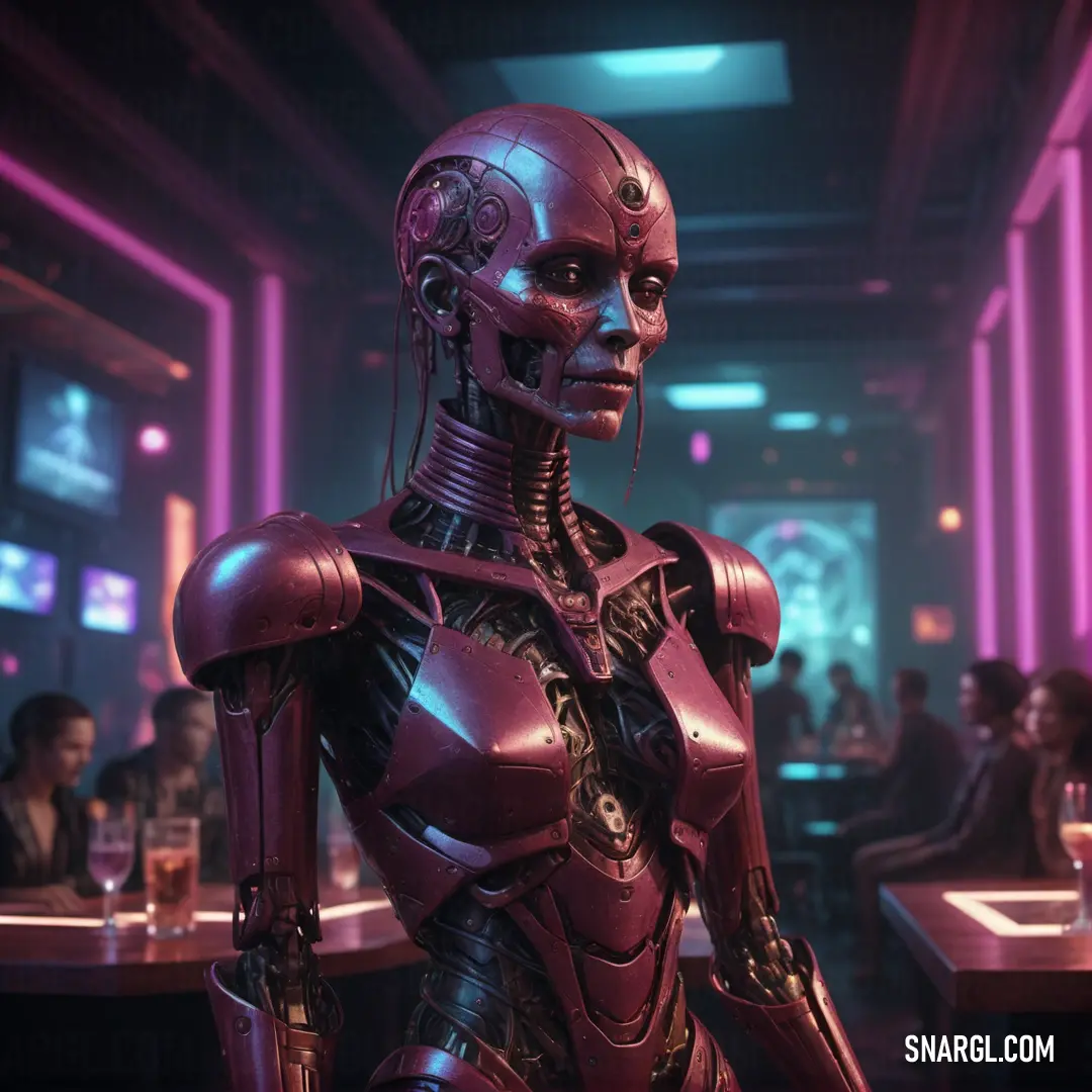 Robot standing in a bar with people at tables in the background. Color PANTONE 7419.