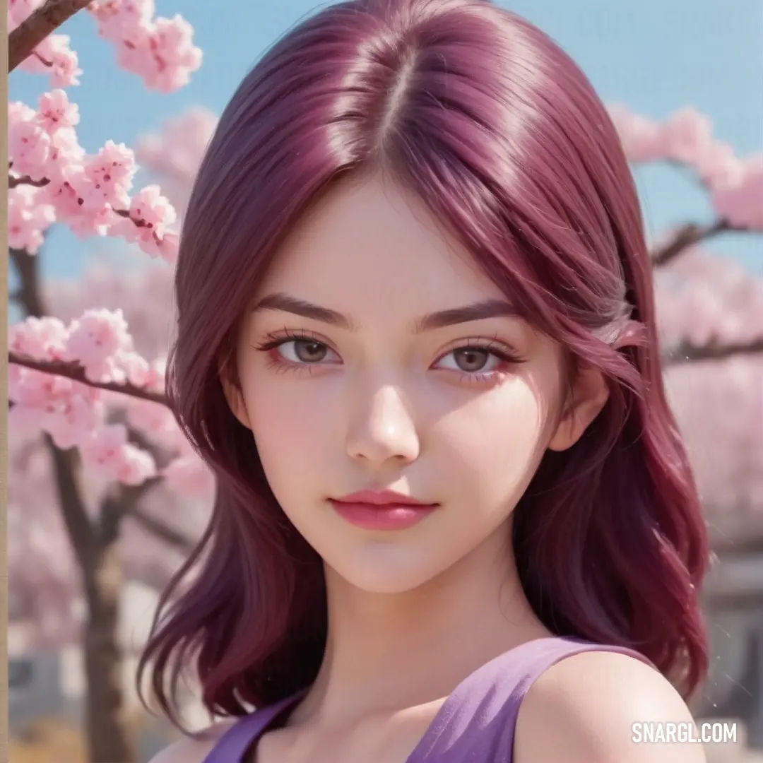 Girl with red hair and blue eyes standing in front of a tree with pink flowers in bloom. Example of CMYK 18,100,45,67 color.