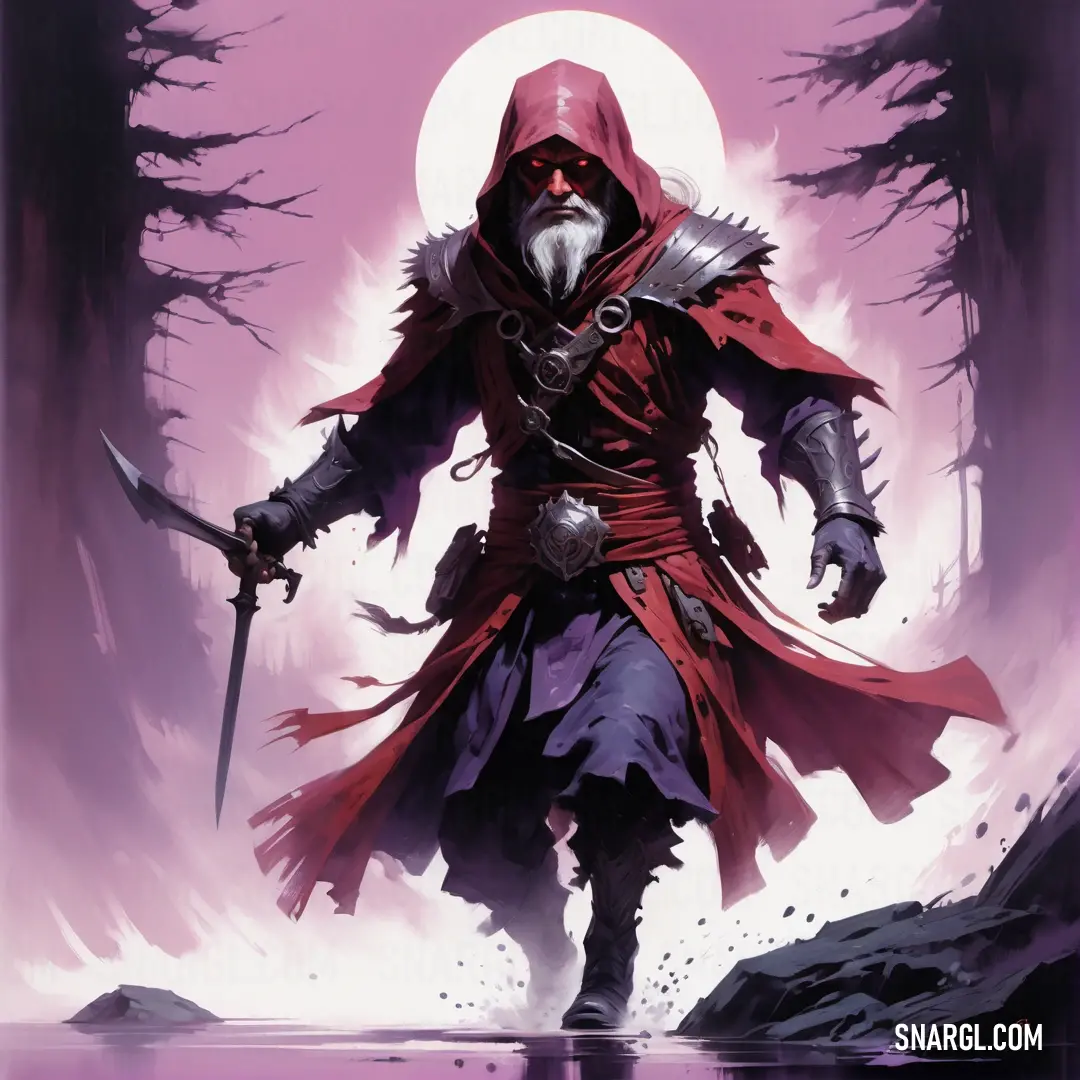 Man in a red hooded outfit holding a sword and a knife in his hand. Example of RGB 109,36,57 color.