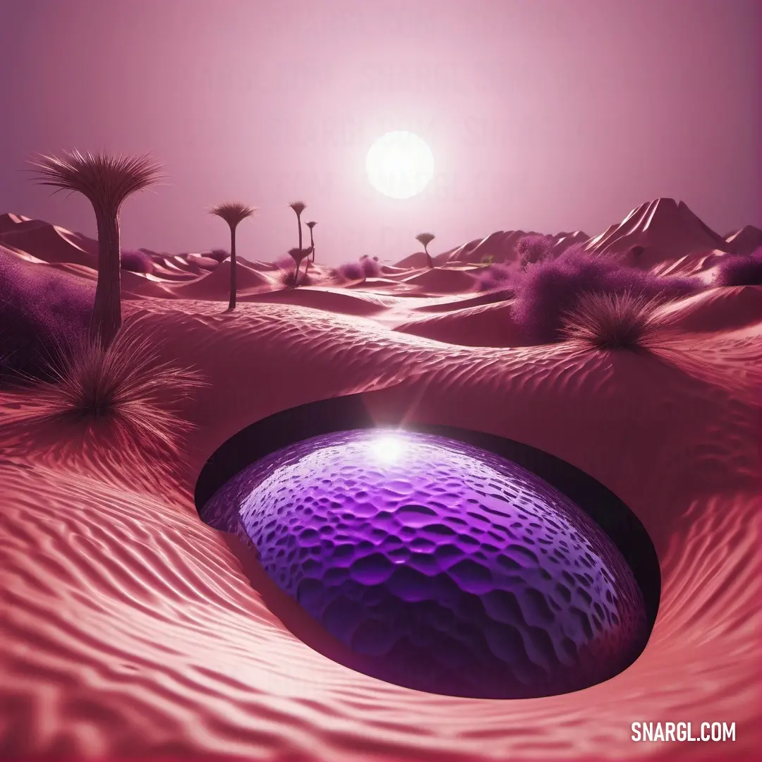 PANTONE 7421 color example: Purple ball in the middle of a desert with palm trees in the background