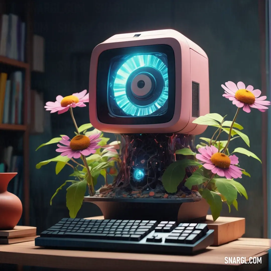 Computer with a blue light on top of it on a desk with flowers and a keyboard in front of it. Example of CMYK 0,73,15,0 color.