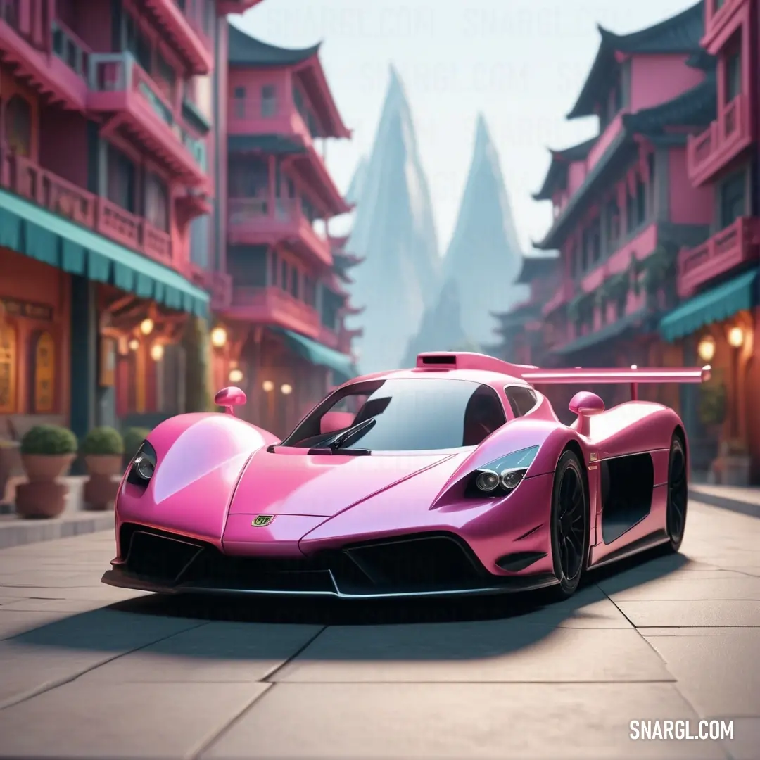 Pink car is parked in a city street with buildings in the background. Color RGB 225,116,148.