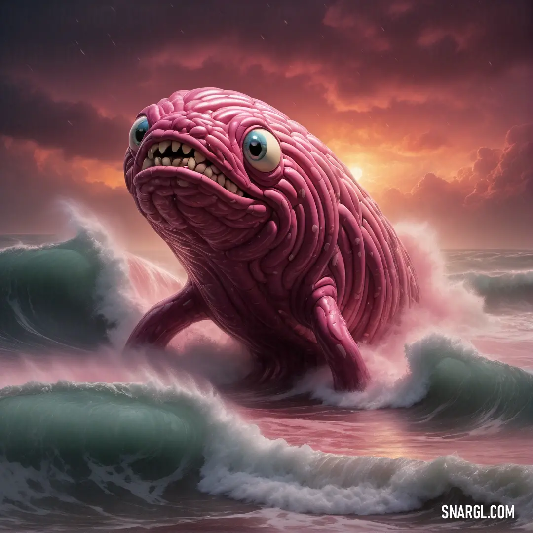 Pink creature with big eyes on a wave in the ocean with a sunset in the background. Color #E17494.