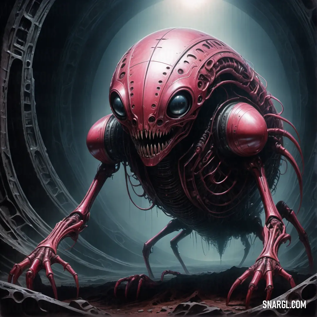 Red alien with large eyes and large legs standing in a tunnel with a light on it's head. Color #E17494.