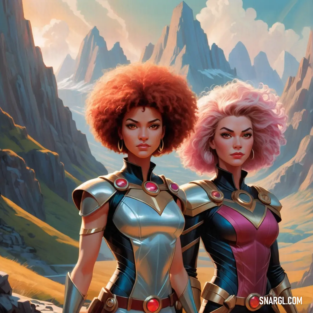 Two women in armor standing next to each other in front of mountains and rocks with a mountain range in the background