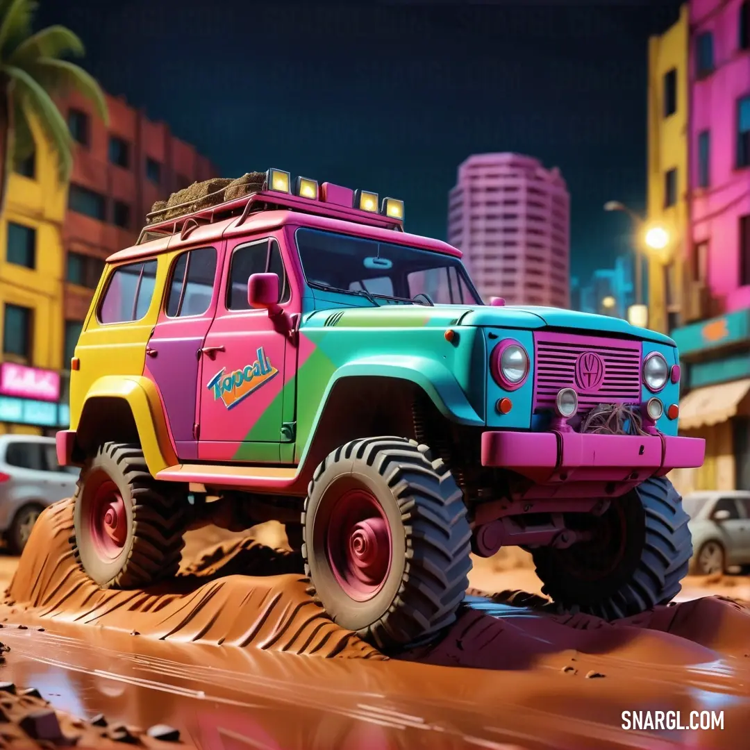 Colorful jeep is parked in the sand in a city at night time with a palm tree in the background. Example of PANTONE 7424 color.