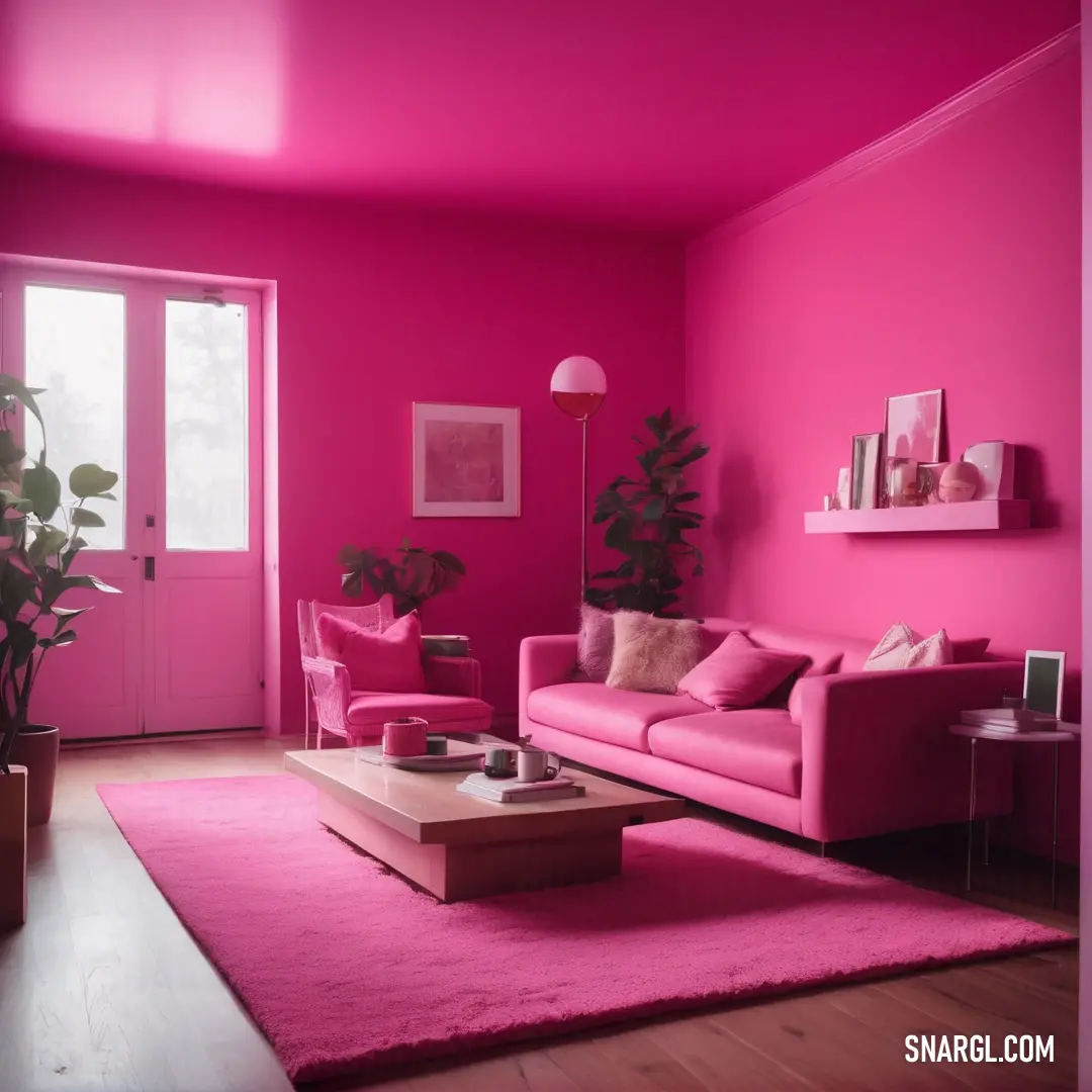 Living room with pink walls and a pink rug on the floor and a pink couch and coffee table. Color #DC4B89.