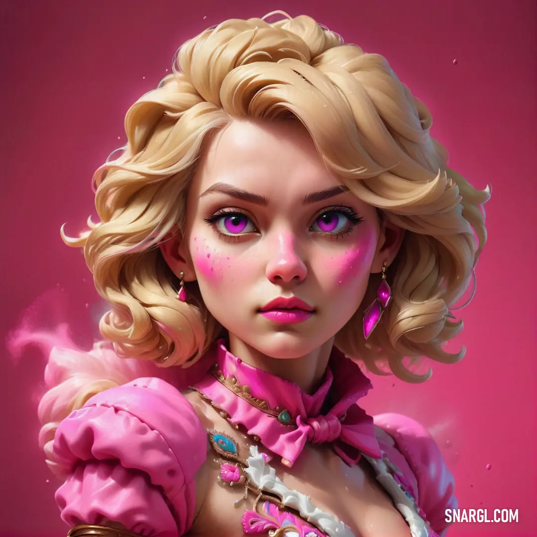 Painting of a woman with blonde hair and pink makeup wearing a pink dress and pink earrings