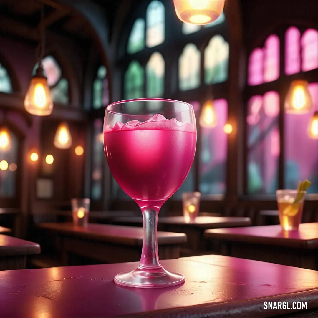 Pink drink in a glass on a table in a restaurant with stained glass windows and a stained glass. Color PANTONE 7424.