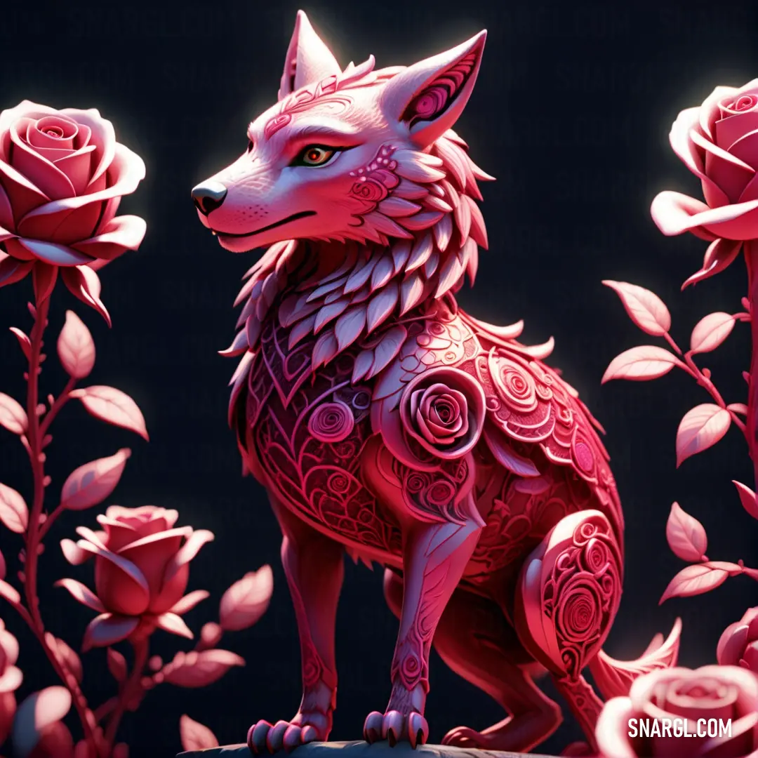 CMYK 0,90,9,0 example: Red fox statue in a garden of roses with a black background