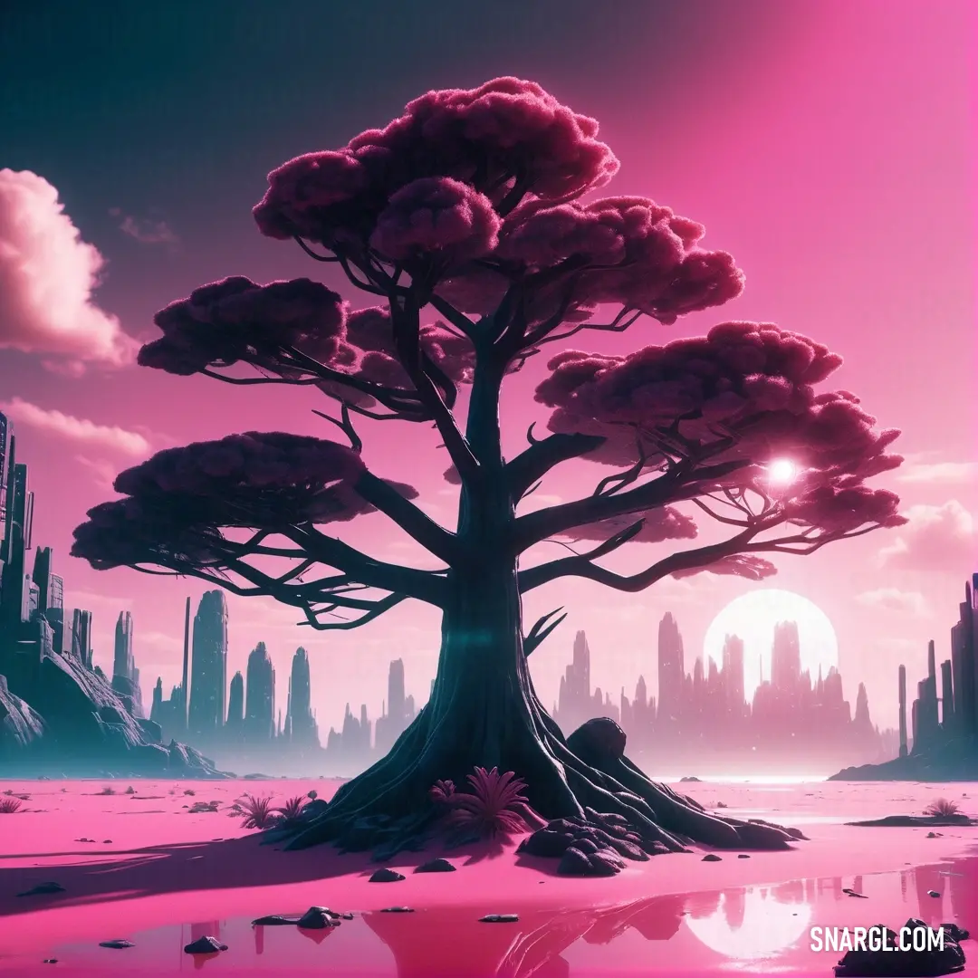 Tree with a pink sky and a city in the background with a pink sky and a pink sun. Color #DC4B89.